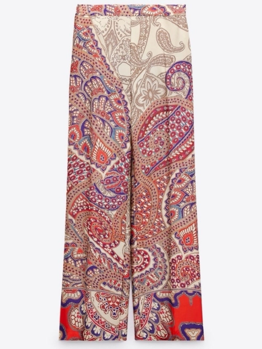 Zara Cream Paisley Wide-Leg Pants with Red and Purple Accents